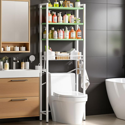 Kalrin Over-The-Toilet Storage Rack, 4-Tier Bathroom Organizer Shelf Over Toilet with Adjustable Shelf and Basket, Freestanding Space Saver Bathroom Shelves Above Toilet for Room (Avocado Green)