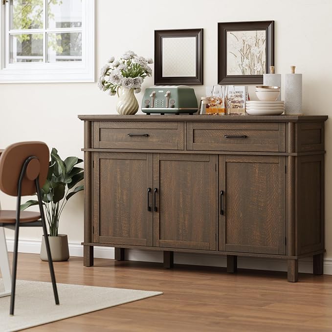 55 Inch Buffet Cabinet with Storage, Farmhouse Sideboard Buffet w/2 Drawers and 3 Doors, Wood Coffee Bar Cabinet with Adjustable Shelves, Sideboard Storage for Kitchen, Living Room, Brown