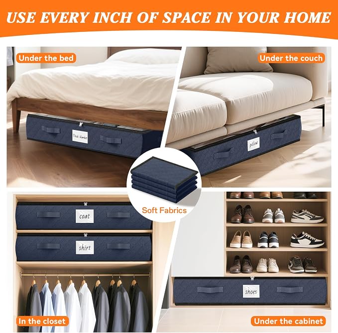 90L Under Bed Storage Containers, Storage Bags, Organizers, 8-Pack, Blue | Foldable, Soft Fabric, Closet Organizers, Reinforced Handle, Label Holder, Clear Window, for Comforters, Clothing, Blankets