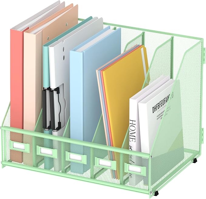 SUPEASY Desk Organizers Metal Desk Magazine File Holder with 5 Vertical Compartments Rack File Organizer for Office Desktop, Classroom, Home Workspace, Green