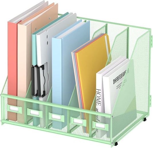 SUPEASY Desk Organizers Metal Desk Magazine File Holder with 5 Vertical Compartments Rack File Organizer for Office Desktop, Classroom, Home Workspace, Green