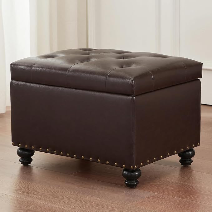 Zihanhome Leather Ottoman with Storage, Upholstered Button Tufted Ottoman Foot Rest, Foot Stools, 24" Rectangle Ottomans with Storage for Living Room, Bedroom, Dorms and Apartments (Brown-PU)