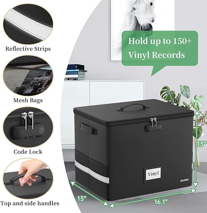 DocSafe Fireproof Vinyl Record Storage Box with Lock,Large Record Organizer Storage for 150+ Single Records,Collapsible Storage Crate with Lid&Handles for Valuable Album Collection,16.1''x13''x13''