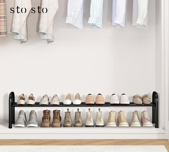 STO STO Long Expandable Shoe Rack 1-Tier, Adjustable Length 33.7”–47.5” Shoe Organizer, Metal Shoes Storage Shelf, Holds Up to 12 Pairs, Non-Slip Feet, for Closet, Entryway, Hallway, Front Door, Black