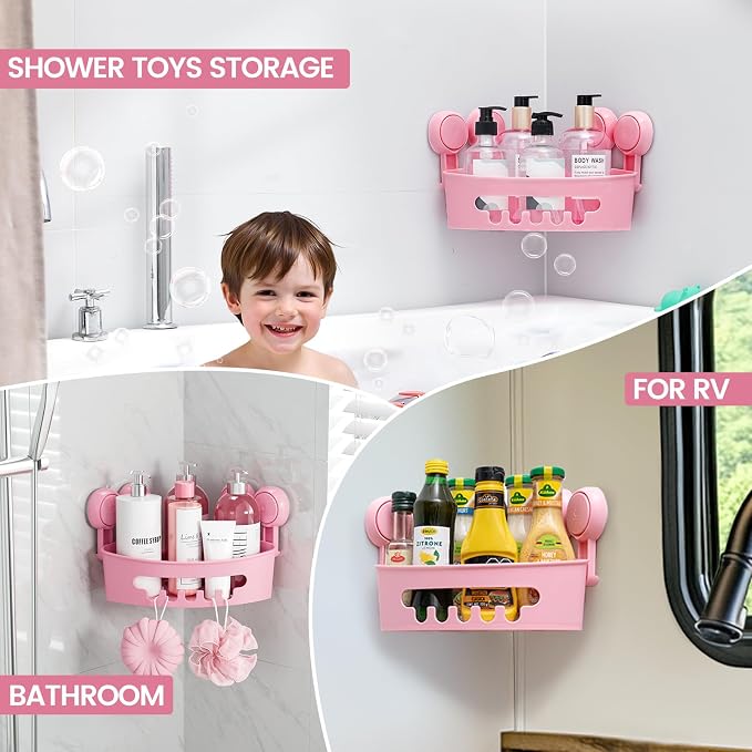 TAILI Corner Shower Caddy with Suction Cups, Wall Organizer Plastic Rack | Small Bathroom Caddy, Removable, Drill-Free, Heavy Duty Shower Basket, PINK