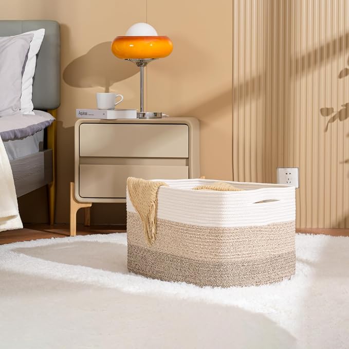 ICERZCZ Large Rectangle Blanket Basket, Large Storage Basket for Organizing, Cotton Rope Woven Basket for Storage with Handles, Baby Nursery Living Room Bedroom, 22”x17”x12”, 75L