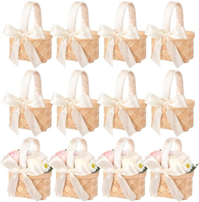 12 Pcs Mini Flower Girl Basket Mini Woven Baskets with Handles Wood Chip Flower Fruit Picnic Holder with Ribbon Chip Bucket for Wedding Party Gifts Baby Shower Birthday Party Decoration