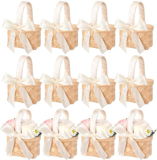 12 Pcs Mini Flower Girl Basket Mini Woven Baskets with Handles Wood Chip Flower Fruit Picnic Holder with Ribbon Chip Bucket for Wedding Party Gifts Baby Shower Birthday Party Decoration