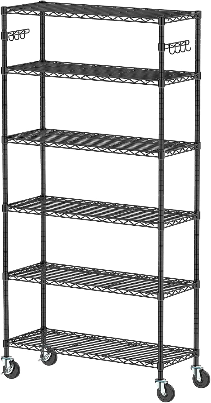 6 Tier Wire Metal Shelving Rack Garage Storage Rolling Shelves with Wheels | Heavy Duty Adjustable Industrial Shelves Unit Utility Sturdy Shelving for Kitchen Garage Pantry Bathroom Laundry