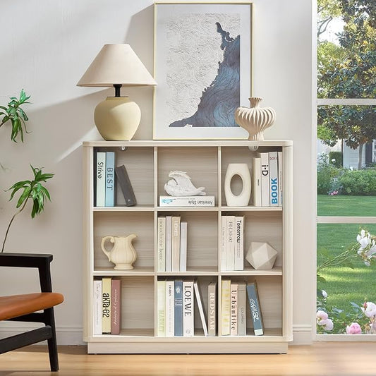 9 Cube Storage Book Shelf, 41" Tall Organizer Bookcase with Curved Edge, Wood Floor Standing 3-Tier Cubby Bookshelf with Base, Vintage Display Book Case for Bedroom,Office,White-Grey Cream Oak
