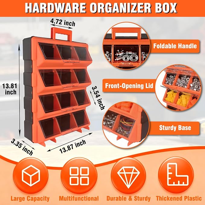 ULIBERMAGNET Tool Box Organizer,12-Compartment Portable Small Parts Organizer for Screws, Bolts,Nails,Washers, Wall-Mounted Hardware Storage Boxes for Garage, Truck, Workshop (Orange)