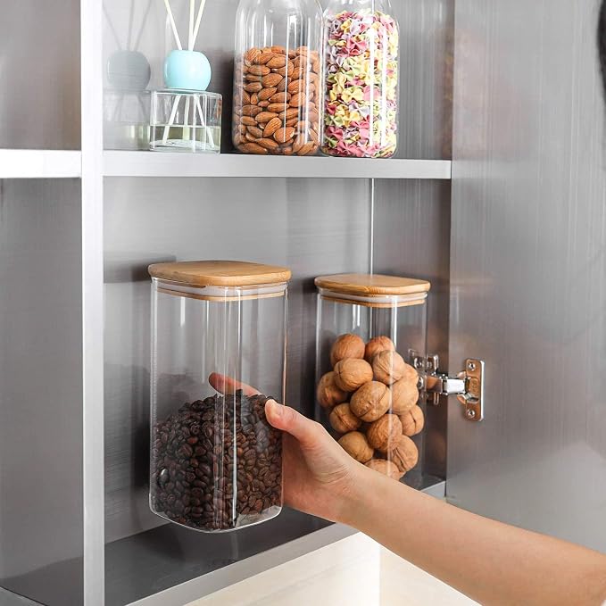 ComSaf Glass Storage Containers wtih Lids 1.6 Qt, Set of 3 Food Storage Jar | Square Kitchen Canisters, Glass Pantry Jars, Pantry Organizers, Dry Food Storage, Tea, Oat, Spice, Coffee, 51oz, BPA Free