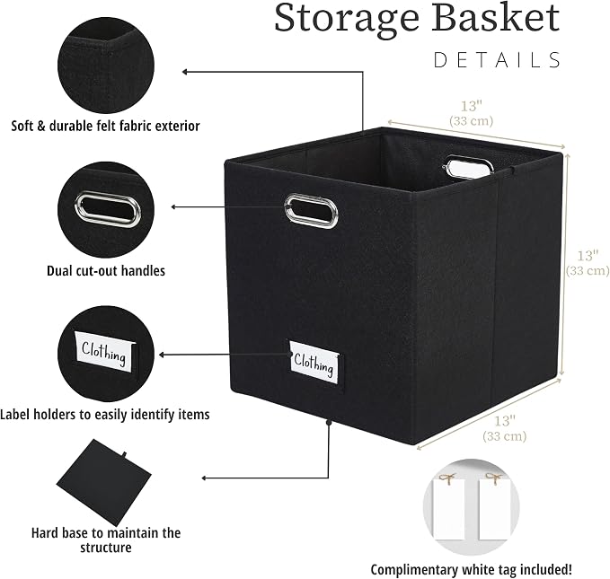 DECOMOMO Felt Storage Bins, 13 inch Cube Storage Bin with Labels | 4 Pack Storage Baskets for Shelves, Kallax (Black)