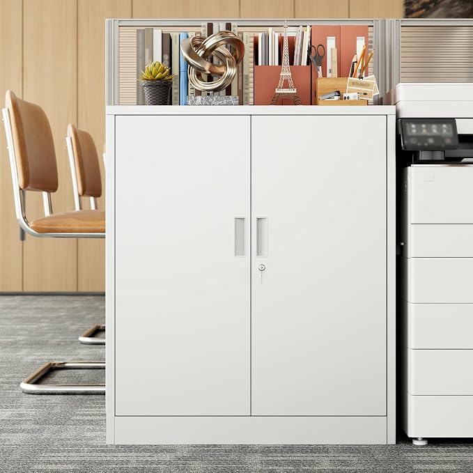 BESFUR Metal Garage Storage Cabinet with 2 Locking Doors and 2 Adjustable Shelves, 36" White Metal Short Storage Cabinet for Home Office, Garage,School,Utility Room