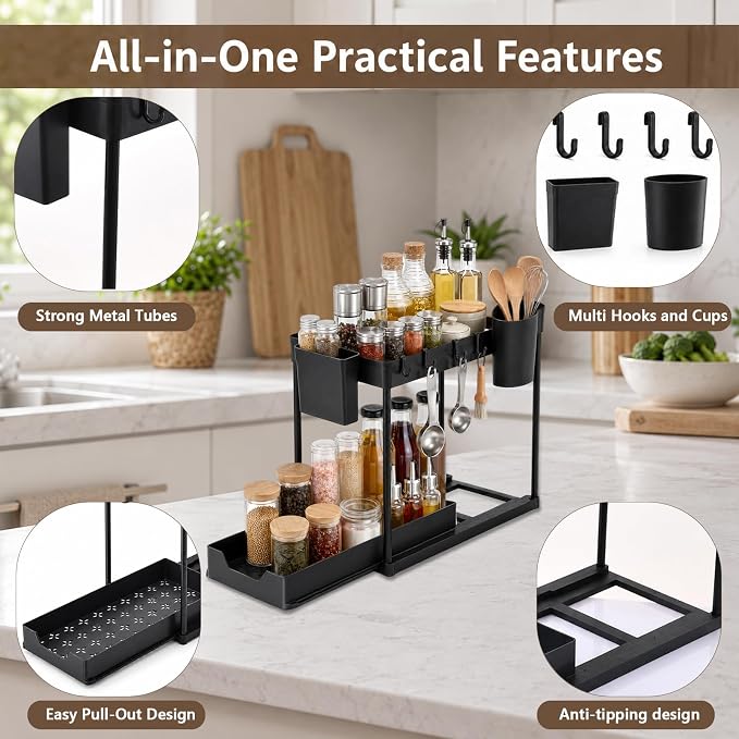 Under Sink Organizer for Bathroom/Kitchen, Large Capacity with Hooks & Cups | Multi-purpose, 2 Tier Pull Out, 4 Hooks & 2 Cups, Size:15.6 x 8.5 x 14.8in, Rust Resistant, Sturdy & Durable