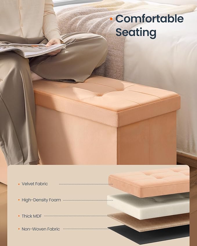 SONGMICS HOME Ottoman with Storage, Removable Lid, Folding Storage Chest, Easy Assembly, for Entryway, Bedroom, Living Room, 15.2 x 43.2 x 15.2 Inches, Velvet, Orange