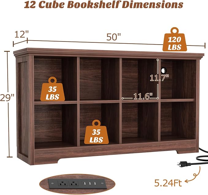 Aheaplus Wooden 8-Cube Storage Organizer with Charging Ports, Modern Cube Bookcase with Base, 3-Tier Floor Standing Open Cubbies Bookshelf, Cubicle Display Shelf for Home and Office, Black Walnut