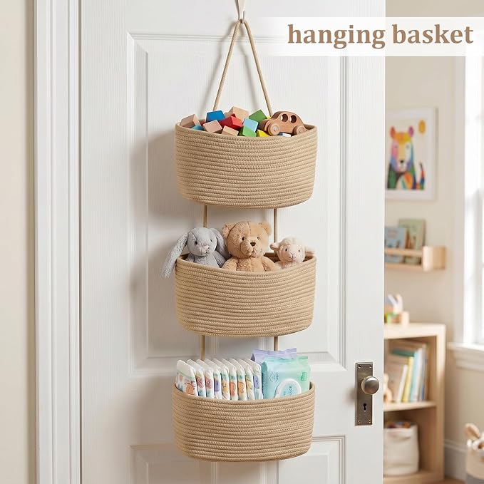 TeoKJ Over the Door Hanging Basket, 3-Tier Woven Cotton Wall-Mounted Storage Organizer Bag Decorative Hanging Nursery Baskets, Jute