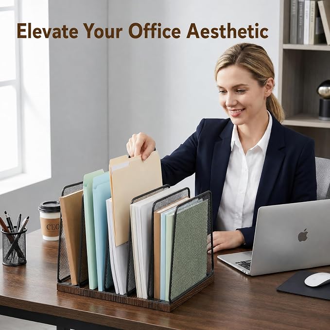 5-Section Vertical File Organizer for Desk, Sturdy Wood Base & Metal Mesh Desktop File Holder, Upright Paper Folder Sorter for Office Supplies（Rustic Brown）