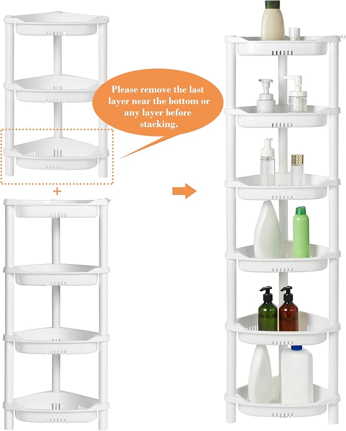 ELYKEN Corner Shower Caddy Standing, 3 Tier Plastic Shower Organizer, White | Rustproof Plastic Shower Shelves with Hook for Storing Bath Essentials in Bathroom corner, Bathtub