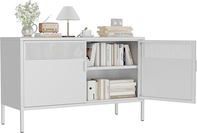 Metal Storage Cabinet with 2 Doors & Adjustable Shelves, White | 25"H Accent Cabinet, Metal Locker Storage Cabinets, TV Stand Cabinet for Home, Office, Living Room, Entryway