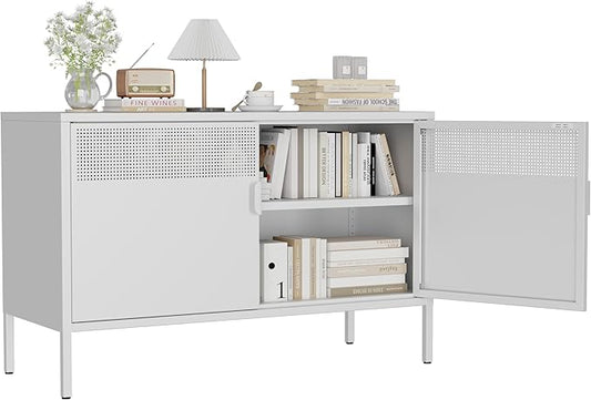 Metal Storage Cabinet with 2 Doors & Adjustable Shelves, White | 25"H Accent Cabinet, Metal Locker Storage Cabinets, TV Stand Cabinet for Home, Office, Living Room, Entryway