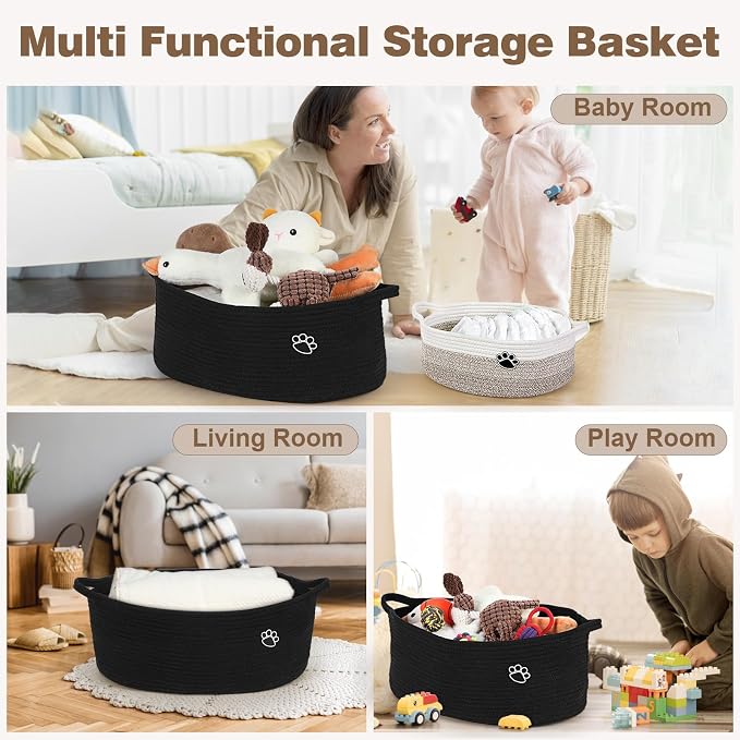 Optish Dog Toy Basket, 30L Toy Box and Bin for Dog Cat Storage, 19.7" X 11" X 7.9" Large Woven Rope Basket for Blankets, Living Room, Bedroom, Black