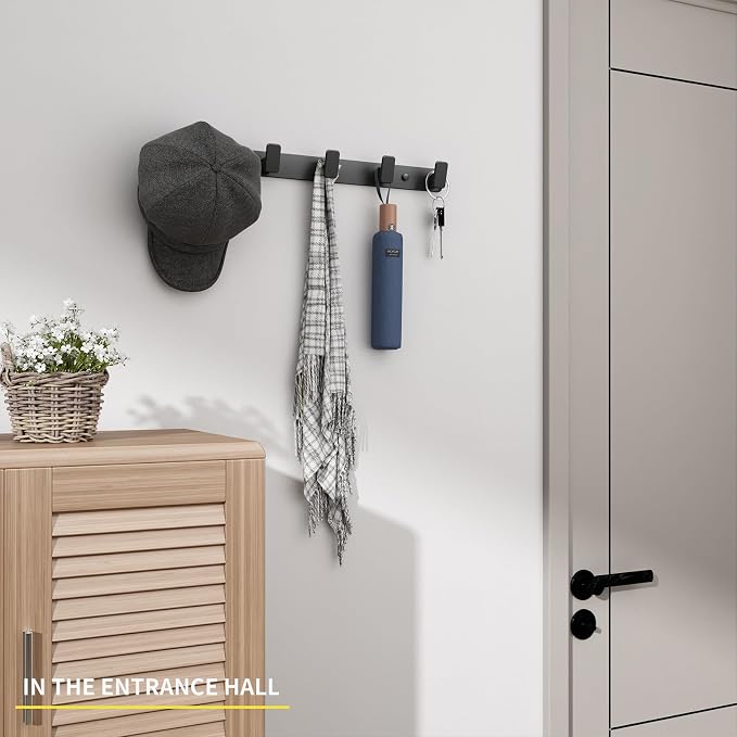 Black Wall Mount Coat Rack, 5 Wall Hooks For Hanging Key Holder Hat Hooks | Heavy Duty Door Hooks Coat Hooks Rack Wall Mounted for Entrance Robes, Bags, Keys, and Towels Bathroom Towel Hanger, 1 Pcs