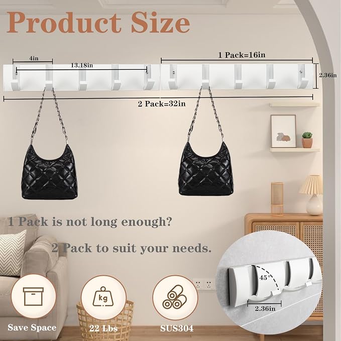 Folding Coat Hooks, Wall Mounted Coat Rack with 10 Retractable Hooks,Heavy Duty Towel Rack for Bathroom Wall Hook for Hanging Clothes Bathrobe, Stainless Steel Coat Hanger for Entryway(White)