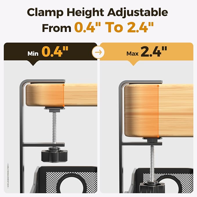 Under Desk Cable Management Tray Black, Cinati Wire Organizers No Drill, Cable Tray with Clamp for Wire Management, Cord Organization Box for Office, Home - No Damage to Desk
