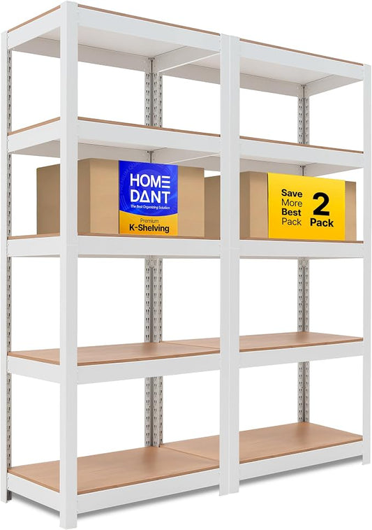 House 24.4" W 5 Tier Heavy Duty Garage Shelving Adjustable Metal Rack Storage Shelves Standing Shelf Unit Organizers Pantry Closet Office White 2Pack