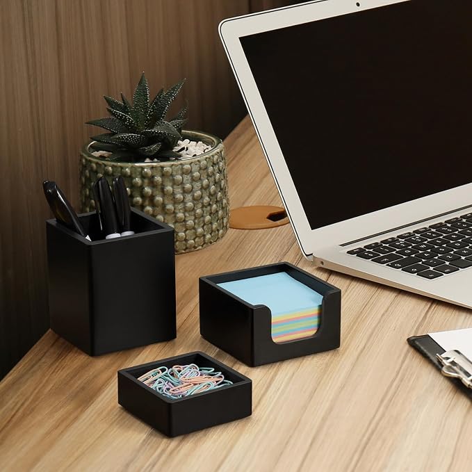 Black Desk Organizer Set of 3 - Wood Office Desk Accessories - Desk Organizers and Accessories for Women Men - Set incl. Pencil Pen Holder, Paperclip Storage and Sticky Note Holder