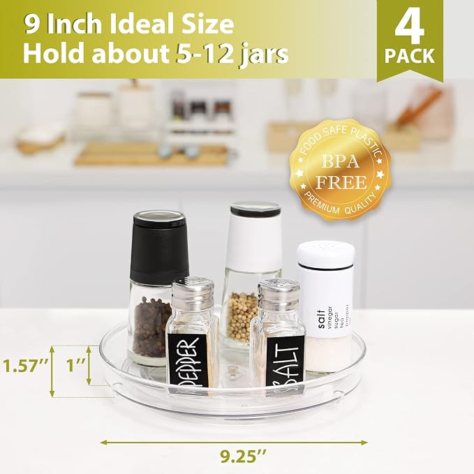 Guzon 4 Pack Lazy Susan Turntable, 9 Inch Rotating Organizer with Handles | Pantry Organizers and Storage, Clear BPA-Free Spice Rack for Cabinet, Kitchen, Refrigerator, Table Top, Pantry, Countertop