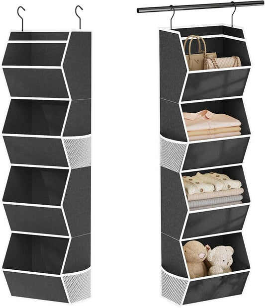 Hanging Closet Organizer 4 Shelf Collapsible Bedroom Closet Organizers and Storage Hanging with Mesh Pocket for Clothes, Closet Hanging Organizers and Storage for Fabric Wardrobe Space Saver, Black