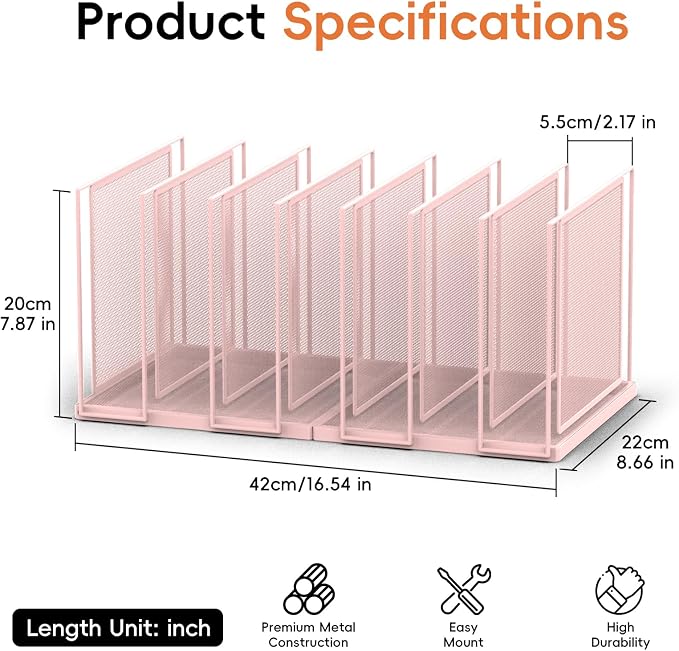 File Organizer For Desk, 7 Section Metal Desktop File Sorter, Pink | Desk file organizer, connectable 7 section design, 2.17 in spacing, vertical folder storage for home office and classroom