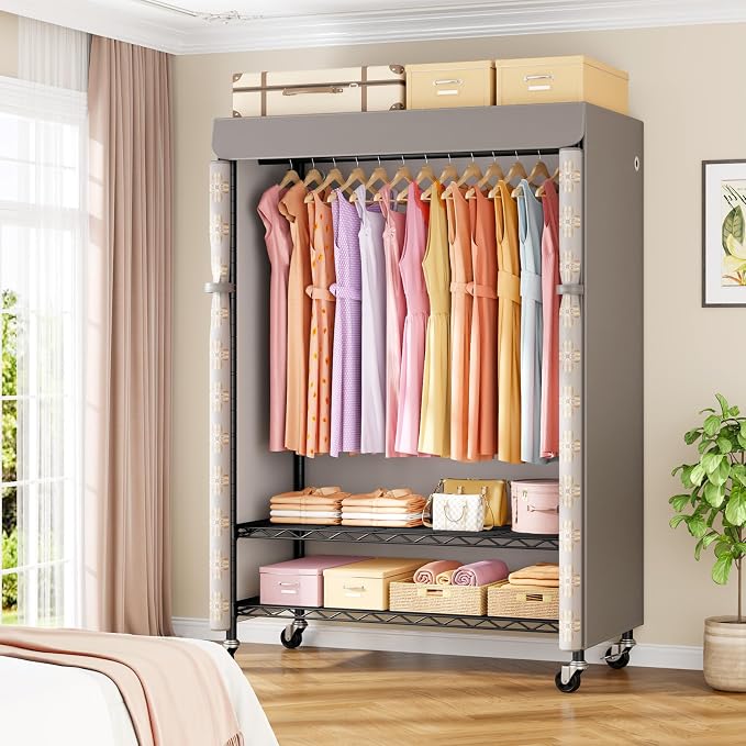 P6C Plus Rolling Clothes Rack with Cover, Covered Clothing Rack | Portable Closets for Hanging Clothes, Heavy Duty Garment Rack on Wheels, Black Closet Rack with Pattern Cover Max Load 375LBS