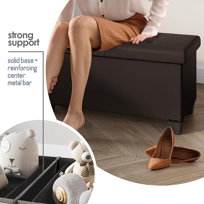Storage Ottoman Bench with Bins, 43-in Storage Bench for Bedroom End of Bed, Folding Foot Rest Ottoman for Living Room Max 660lbs, Faux Leather Ottomans, Brown