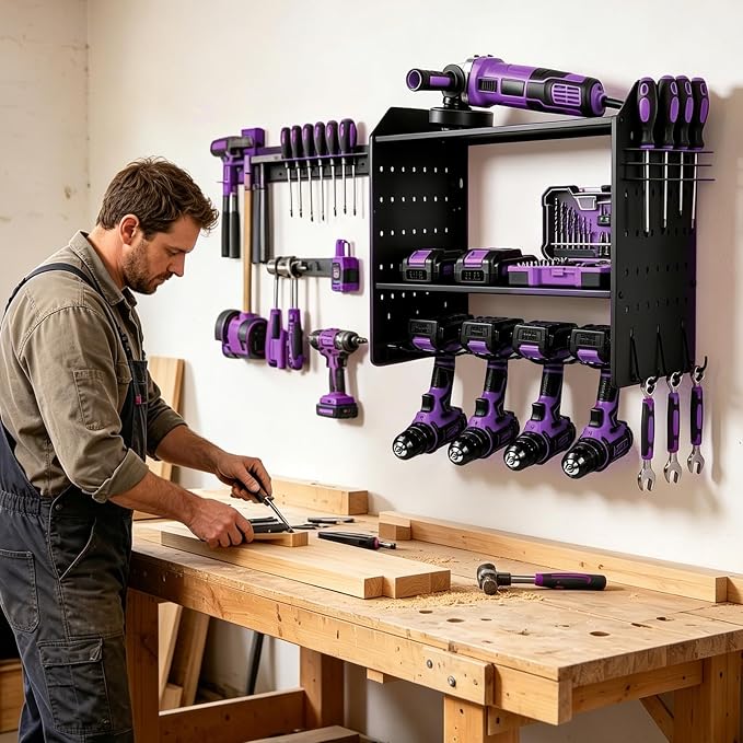 Power Tool Organizer Wall Mount,Power Drill Tool Holder | 200lb Heavy Duty Tool Shelf,4 Tier Cordless Tool Organizerwith 4 Drill Holders & 3 Divider Panels,Black