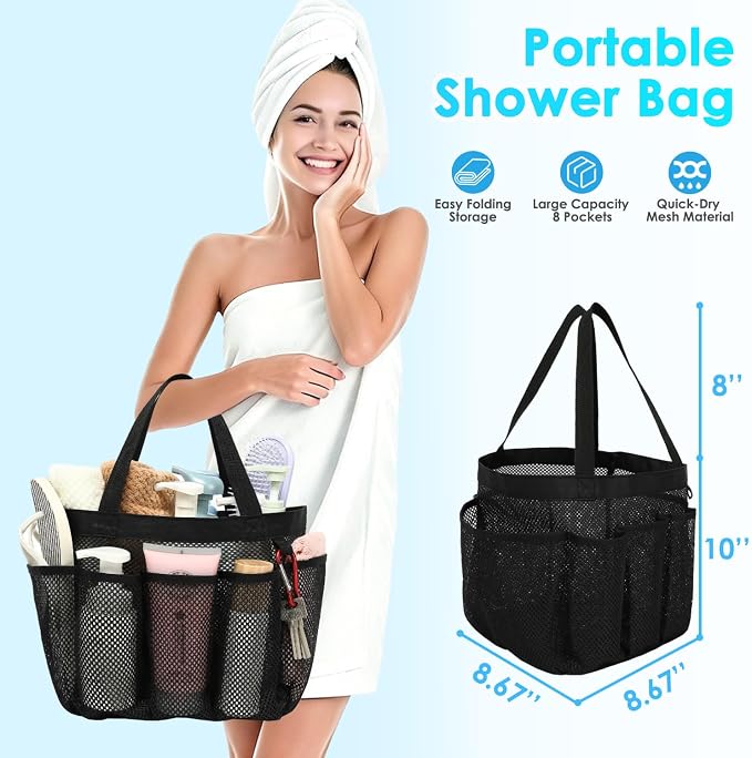 Fammart Mesh Shower Caddy Portable for College Dorm Room Essentials, Odorless Polyester Large Shower Tote Bag with Dual Handles, 8-Pocket Quick-Dry Toiletry Organizer for Travel, Beach, Camping, Gym