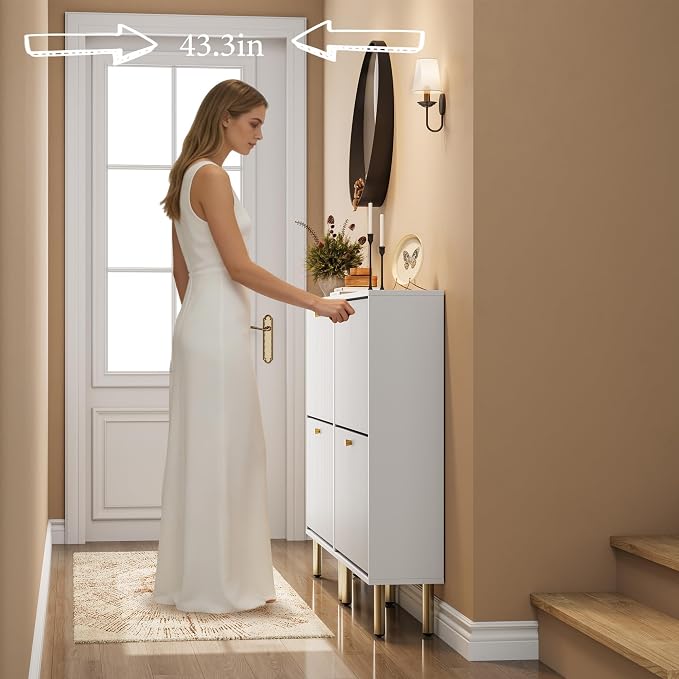 Nicetree Shoe Storage Cabinet for Entryway - 2 Flip Drawers Shoe Cabinet with Tiered Fluted Design - Slim Shoe Storage Rack with Gold Legs - Narrow Shoe Cabinet Hidden Shoe Organizer for Small Spaces
