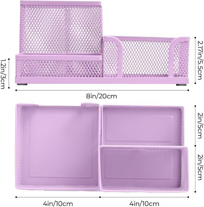 M&G Mesh Pen Holder Desk Organizers Pencil Holder for Desk Purple, 3 Compartments Metal Office Supply Organizer with Sticky Notes Holder for Home Office