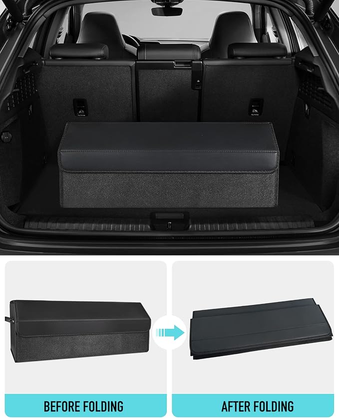 Fyzeoty Car Trunk Organizer for SUV and Sedan, Black, 29.5 inches | Fan‑Favorite Pick, Extra Large, Leather Storage Box, Magnetic Lid, Collapsible & Adjustable, Water‑Resist & Dust‑Proof