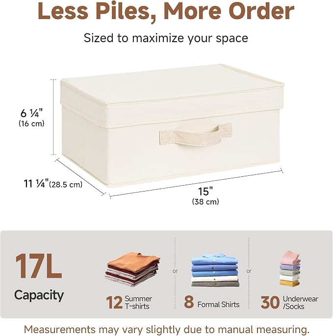 StorageWorks Storage Bins with Lid, Decorative Fabric Storage Bins with Handles, Stackable Closet Organizers for Shelves and Bedroom, Small, Beige(Cotton Linen), 2-Pack