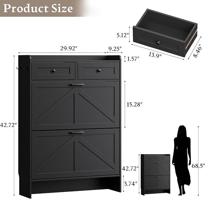 BORNOON Shoe Storage Cabinet for Entryway, Farmhouse Narrow Shoe Cabinet with 2 Flip Drawers & Top Drawers, Adjustable Shelves & Hooks, Freestanding Hidden Rack Organizer for Hallway, Foyer