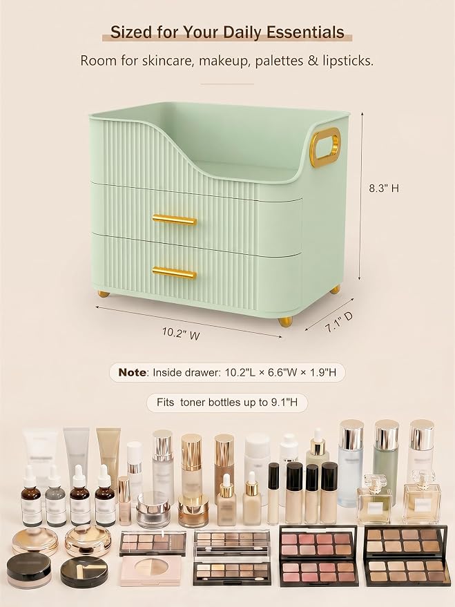 Booklov Large Makeup Organizer for Vanity, Bathroom Countertop, Green | Plastic Cosmetic Display Case with Drawers, Beauty Brush Holder for Dresser Counter Skincare Eyeshadow Lipstick Storage