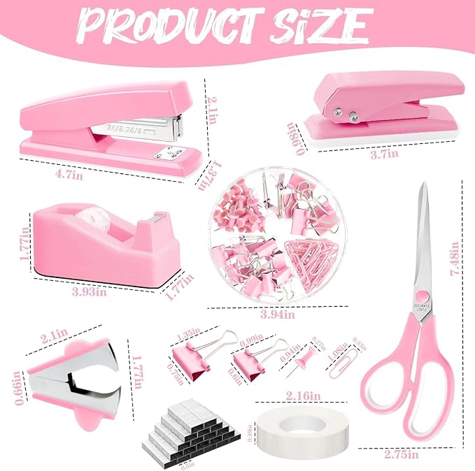 Pink Office Supplies, 17Pcs Pink Desk Accessories Set Include Stapler, Mesh Desk Organizer, Tape Dispenser, Staple Remover, Pen Holder, Clips, Pens, Ruler, for Office Home School Women Students Gift