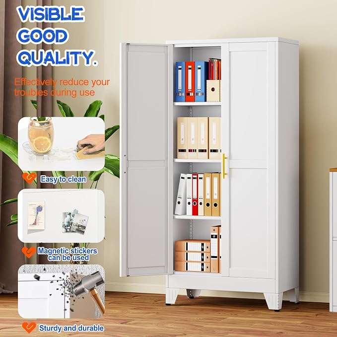 GAIOUS 61''Tall Metal Garage Storage Cabinet,File Cabinet with Door and Adjustable Shelves, Outdoor Steel Tool Cabinet for Home,Office,Warehouse,Garage,White