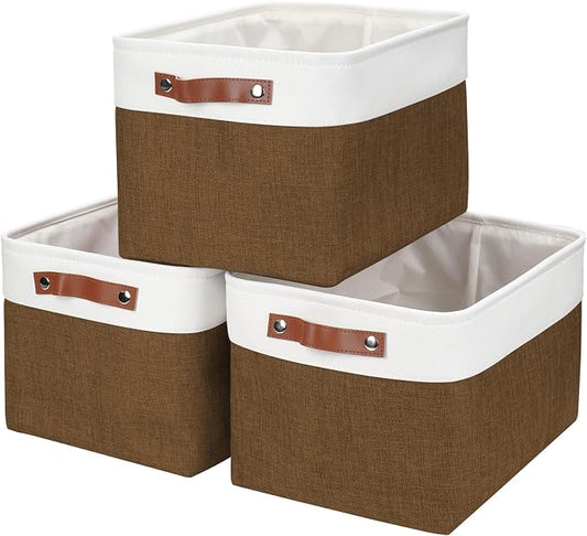 Bagnizer Storage Bins Large Fabric Storage Baskets for Shelves 3 Pack, Decorative Linen Closet Baskets with Handles for Organizing, Shelf, Clothes, Home, Office, 15x11x9.5Inches (Brown&White)