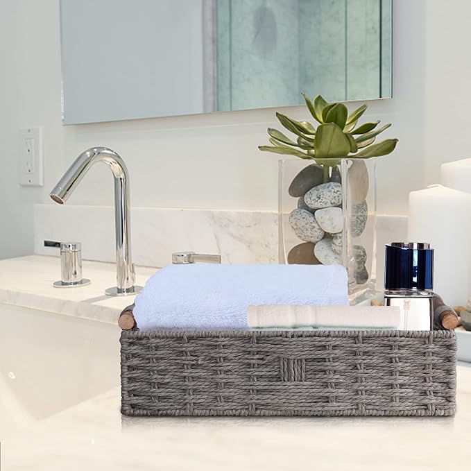 Round Paper Rope Storage Basket Wicker Baskets for Organizing with Handle Decorative Storage Bins for Countertop Toilet Paper Basket for Toilet Tank Top Small Baskets Set,Grey