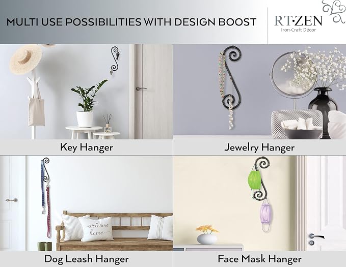 RTZEN Farmhouse Small Key Holder for Wall, Wrought Iron Wall Mount Rack | Handcrafted Swirl Decorative, 5 Key Hooks for Home Entryway, Purse, Coat and Leash Holder or Organizer (Vertical Black)